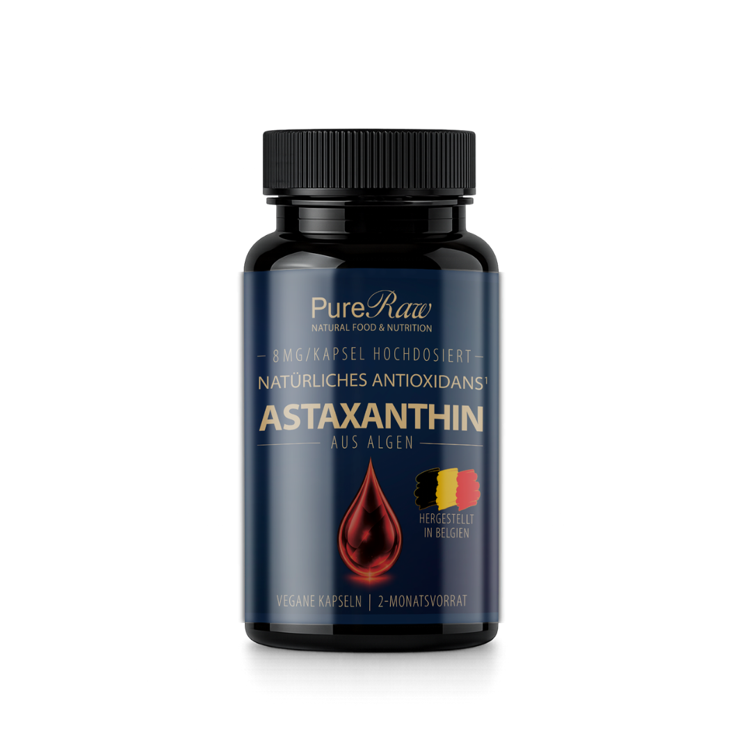 PureRaw Astaxanthin Kapseln mit roter Mikroalgen-Illustration