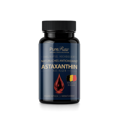 PureRaw Astaxanthin Kapseln mit roter Mikroalgen-Illustration