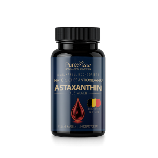 PureRaw Astaxanthin Kapseln mit roter Mikroalgen-Illustration
