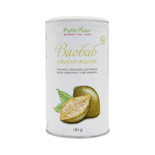Produktbild: PureRaw Bio-Baobab-Fruchtpulver in der 180-g-Dose mit Illustration einer aufgeschnittenen Baobab-Frucht.
