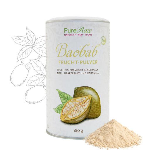 Dose mit Pulver: PureRaw Bio-Baobab-Fruchtpulver mit hellem Pulverhäufchen und botanischer Zeichnung der Baobab-Pflanze.