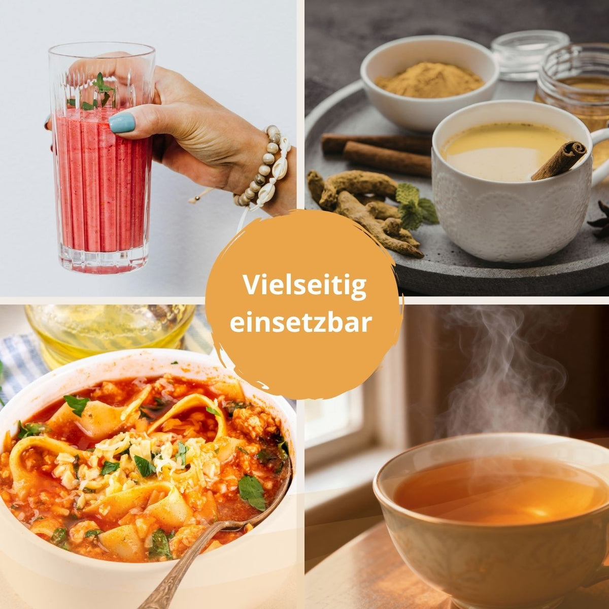 Vielseitige Verwendung von Bio Ashwagandha Pulver in Smoothies, warmen Getränken, Tee und herzhaften Gerichten.