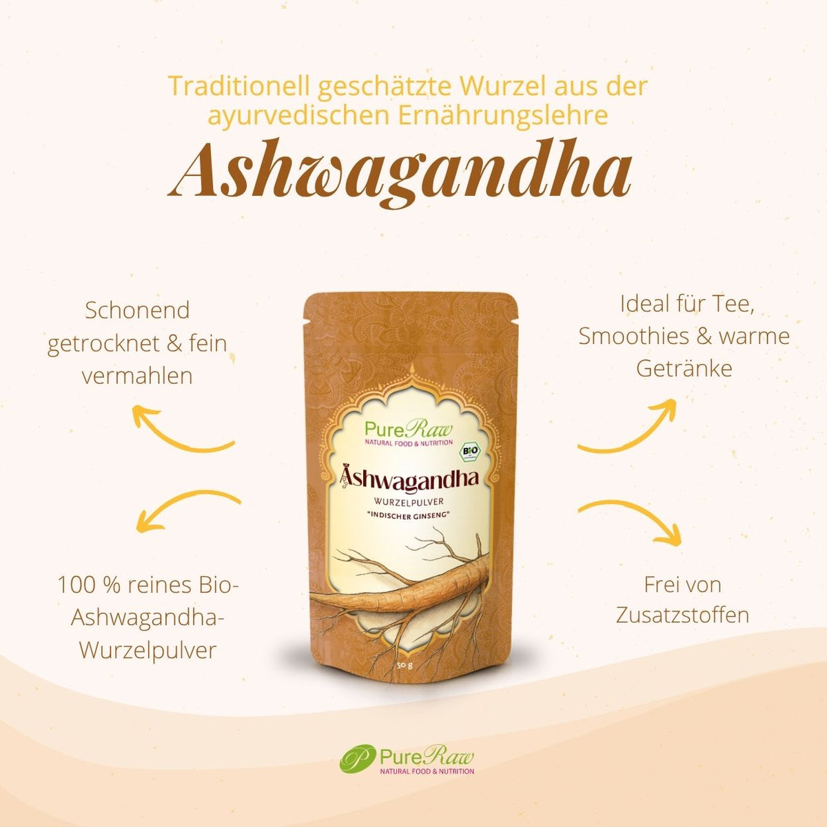 PureRaw Bio Ashwagandha Wurzelpulver, schonend getrocknet und fein vermahlen, 100 % reines Bio-Wurzelpulver ohne Zusatzstoffe.