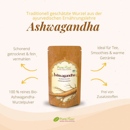 PureRaw Bio Ashwagandha Wurzelpulver, schonend getrocknet und fein vermahlen, 100 % reines Bio-Wurzelpulver ohne Zusatzstoffe.