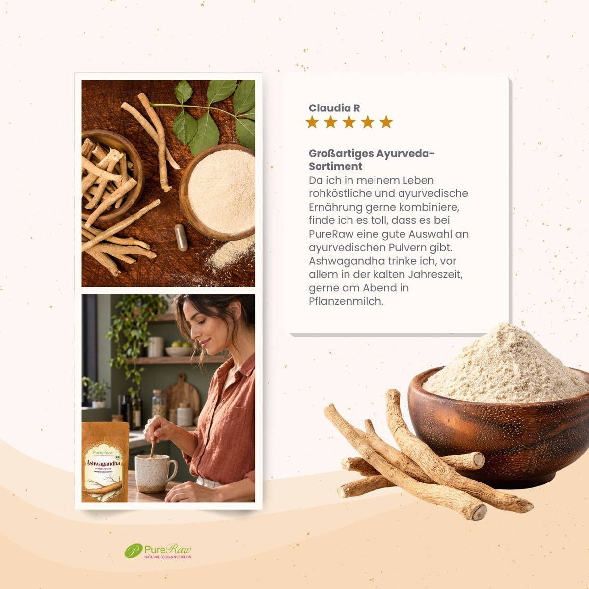 Ashwagandha Wurzeln und gemahlenes Bio Ashwagandha Pulver mit Informationen zur traditionellen Verwendung im Ayurveda.
