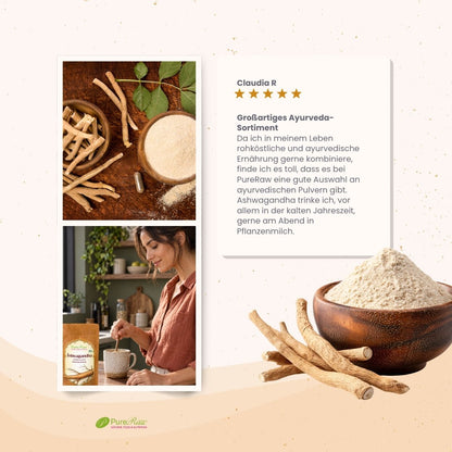Ashwagandha Wurzeln und gemahlenes Bio Ashwagandha Pulver mit Informationen zur traditionellen Verwendung im Ayurveda.