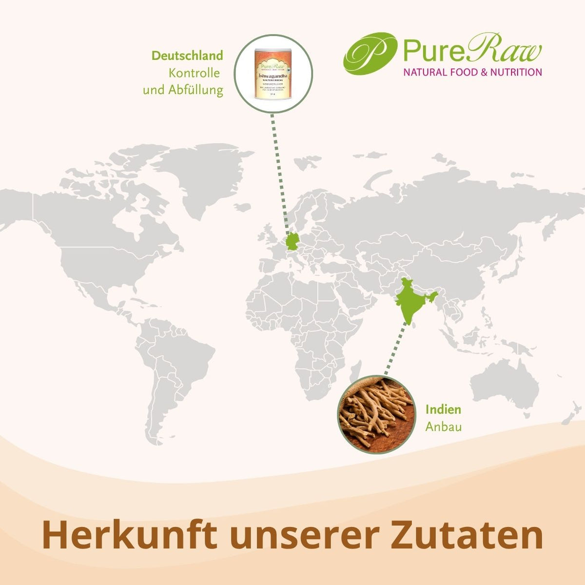 Herkunft des PureRaw Bio Ashwagandha Wurzelpulvers aus Indien mit Darstellung der Zutatenherkunft und Abfüllung in Deutschland.