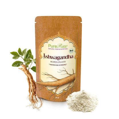 PureRaw Bio Ashwagandha Pulver mit frischer Ashwagandha-Pflanze, Wurzeln und fein gemahlenem Wurzelpulver.