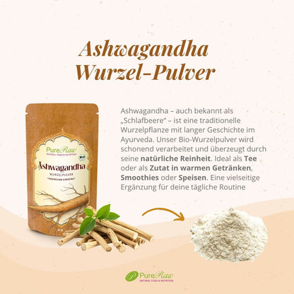 Bio Ashwagandha Wurzelpulver von PureRaw mit Ashwagandha-Wurzeln und Pulver, traditionell geschätzt in der ayurvedischen Ernährung.