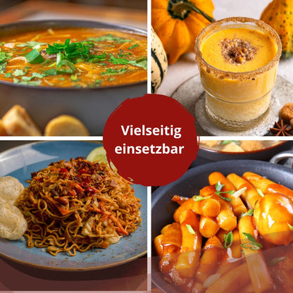 Verwendungsideen: Collage zur Verwendung von Chilipulver in Suppe, Kürbisgetränk, Nudelgericht und Gemüsegericht mit dem Hinweis „Vielseitig einsetzbar“.