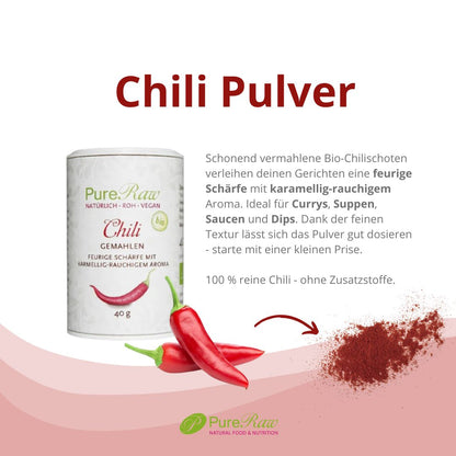 Produktwissen: Infografik zu PureRaw Bio-Chilipulver: feurige Schärfe, karamellig-rauchiges Aroma und vielseitige Verwendung, 100 % Chili ohne Zusatzstoffe.