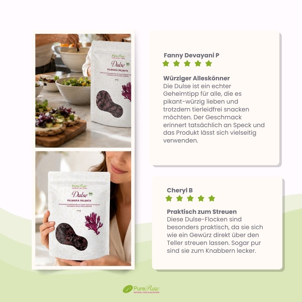 Kundenbewertungen zu PureRaw Dulse Flocken Bio und Roh mit Anwendungsideen