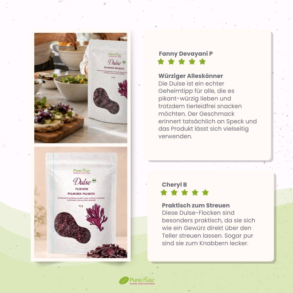 Rezeptideen und Anwendungsmöglichkeiten, 5-Sterne Bewertungen für PureRaw Dulse Flocken in der pflanzlichen Küche
