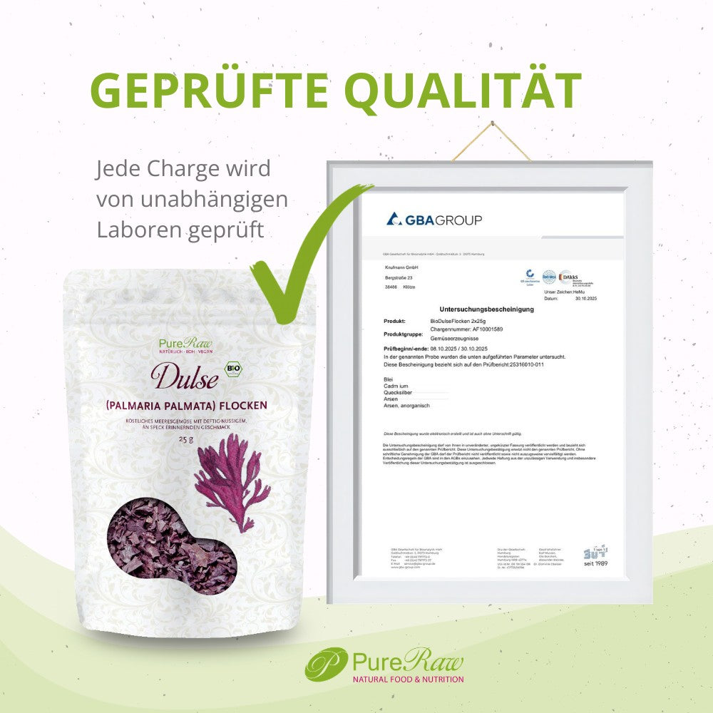 PureRaw Dulse Flocken mit Hinweis auf geprüfte Qualität und regelmäßige Qualitätskontrollen