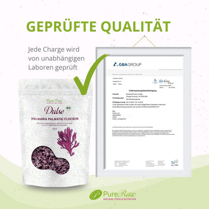 PureRaw Dulse Flocken mit Hinweis auf geprüfte Qualität und regelmäßige Qualitätskontrollen