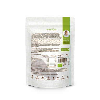 Rückseite der PureRaw Dulse Flocken Verpackung mit Produktinformationen