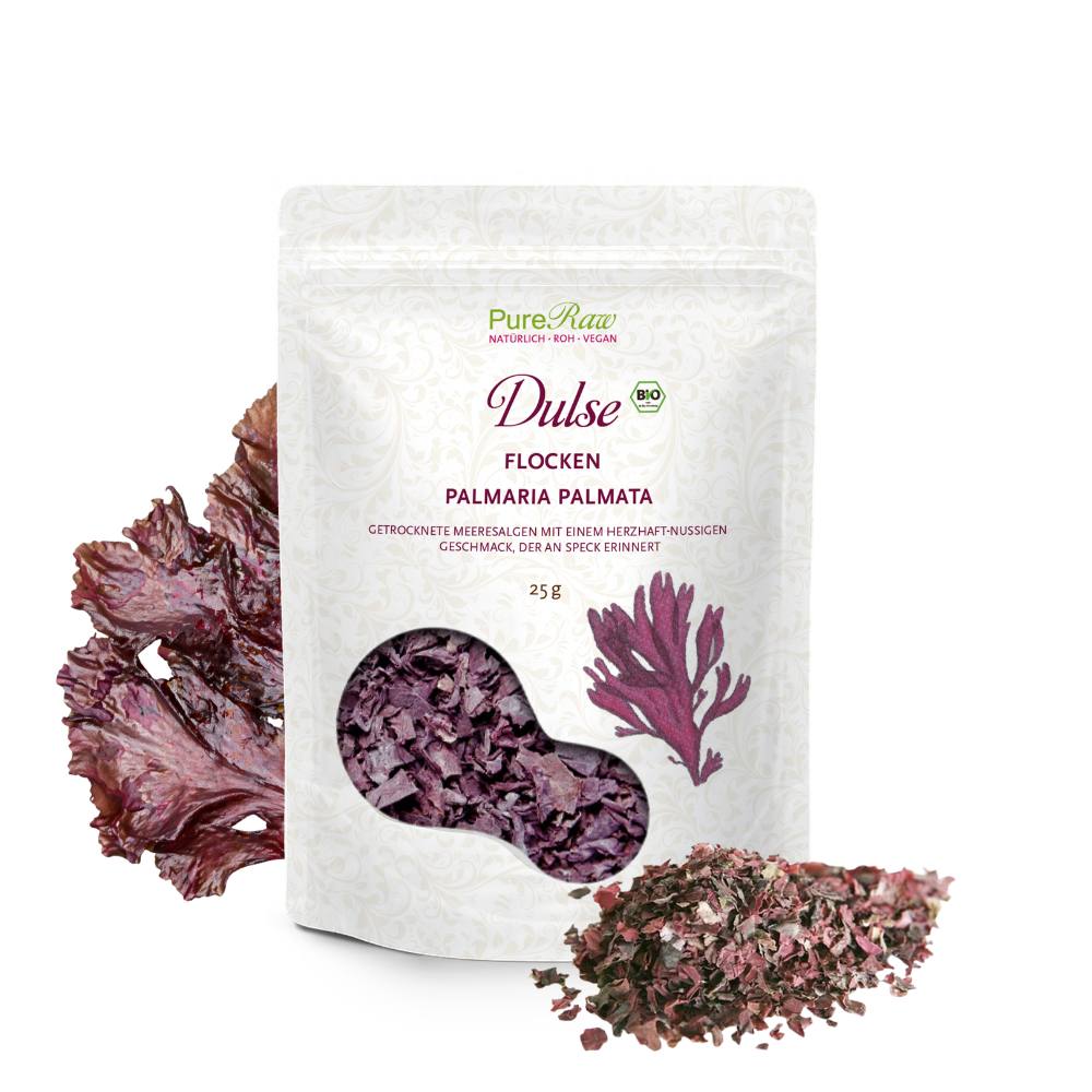 PureRaw Dulse Flocken Bio und Roh mit getrockneten Algenflocken neben der Packung