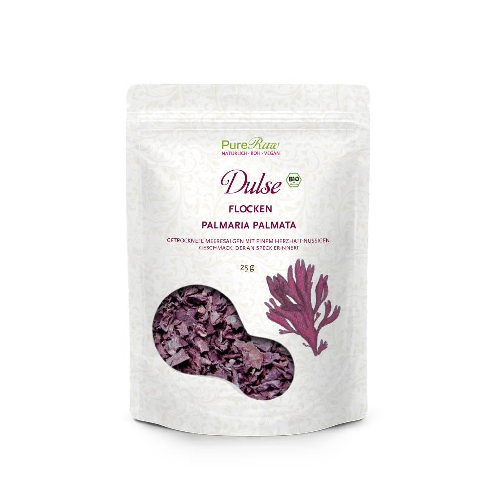 PureRaw Dulse Flocken Bio und Roh 25 g Packung mit getrockneten Rotalgen