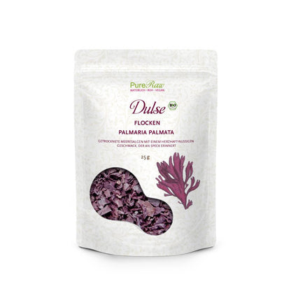 PureRaw Dulse Flocken Bio und Roh 25 g Packung mit getrockneten Rotalgen