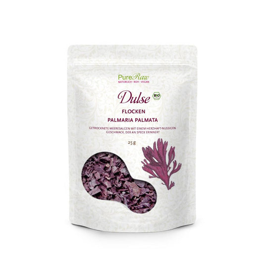 PureRaw Dulse Flocken Bio und Roh 25 g Packung mit getrockneten Rotalgen
