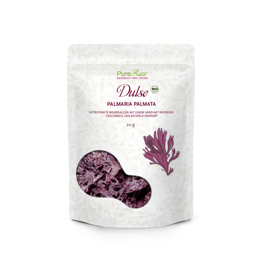 PureRaw Dulse Flocken Bio und Roh 20 g Packung mit getrockneten Rotalgen