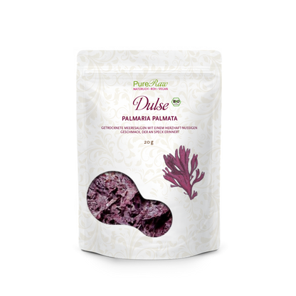PureRaw Dulse Flocken Bio und Roh 20 g Packung mit getrockneten Rotalgen