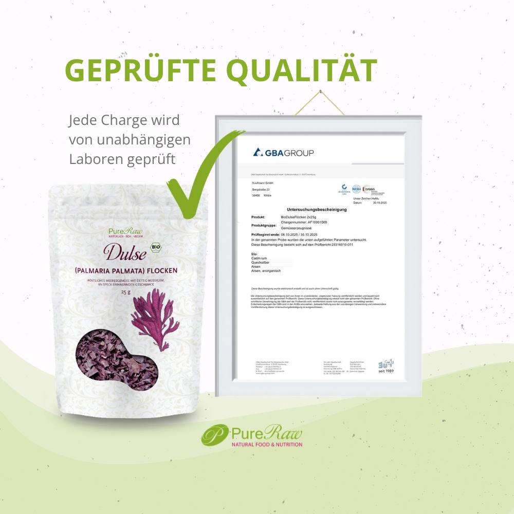 PureRaw Dulse Flocken mit Laboranalyse und Hinweis auf geprüfte Qualität