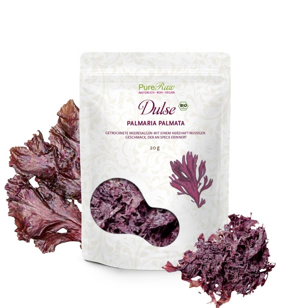 PureRaw Dulse Flocken Bio und Roh mit getrockneten Dulse-Algen neben der Packung