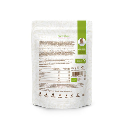 Rückseite der PureRaw Dulse Flocken Verpackung mit Nährwerten und Produktinformationen