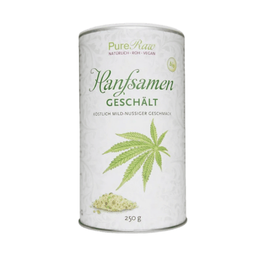 PureRaw geschälte Bio-Hanfsamen, 250 g, in einer weißen Dose mit grünem Hanfblatt auf dem Etikett.