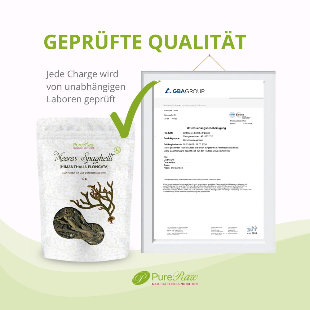 Laborgeprüfte Qualität der PureRaw Bio Meeres-Spaghetti