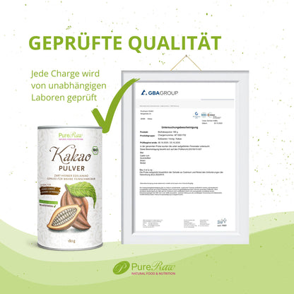 PureRaw Bio Kakao Pulver mit Laboranalyse und Informationen zu regelmäßigen Qualitätskontrollen.