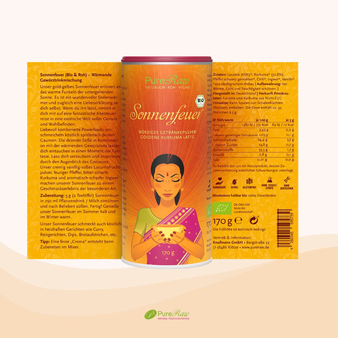 PureRaw Bio Sonnenfeuer Dose mit Etikett
