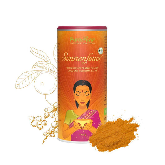 Sonnenfeuer Gewürzmischung von PureRaw mit goldgelbem Gewürzpulver