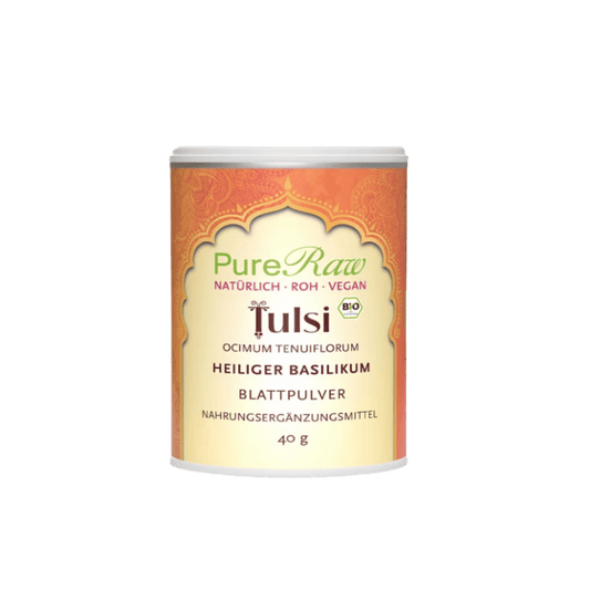 PureRaw Bio Tulsi Blattpulver aus Heiligem Basilikum in der 40-g-Dose.