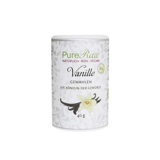 PureRaw Bio-Vanillepulver in der 40-g-Dose auf weißem Hintergrund.