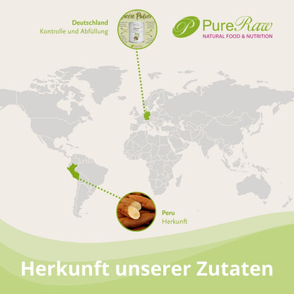 Herkunft der Yacónwurzel aus Peru und Abfüllung des Pulvers in Deutschland