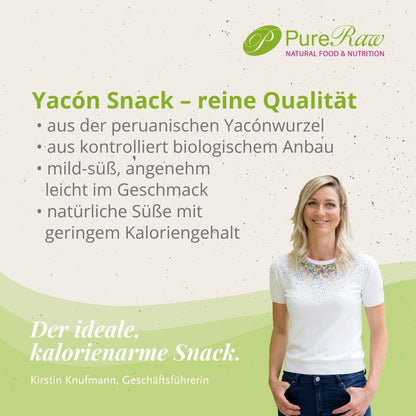 PureRaw Yacon Snack aus kontrolliert biologischem Anbau mit mild-süßem Geschmack und Kirstin Knufmann