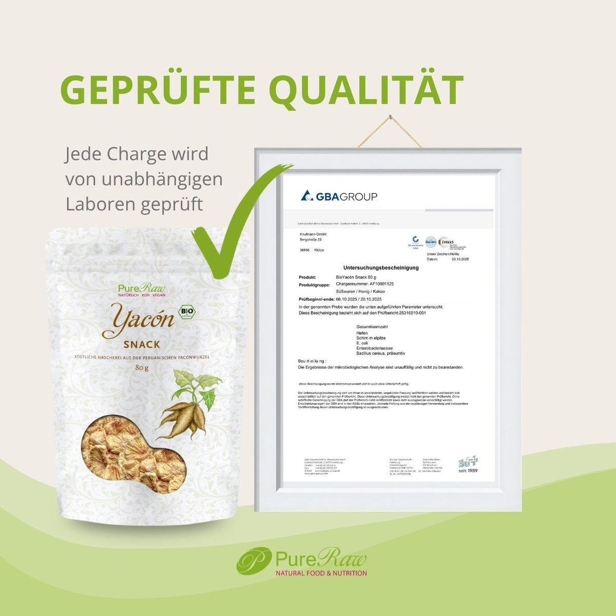 Geprüfte Qualität des PureRaw Yacon Snacks mit unabhängiger Laboranalyse