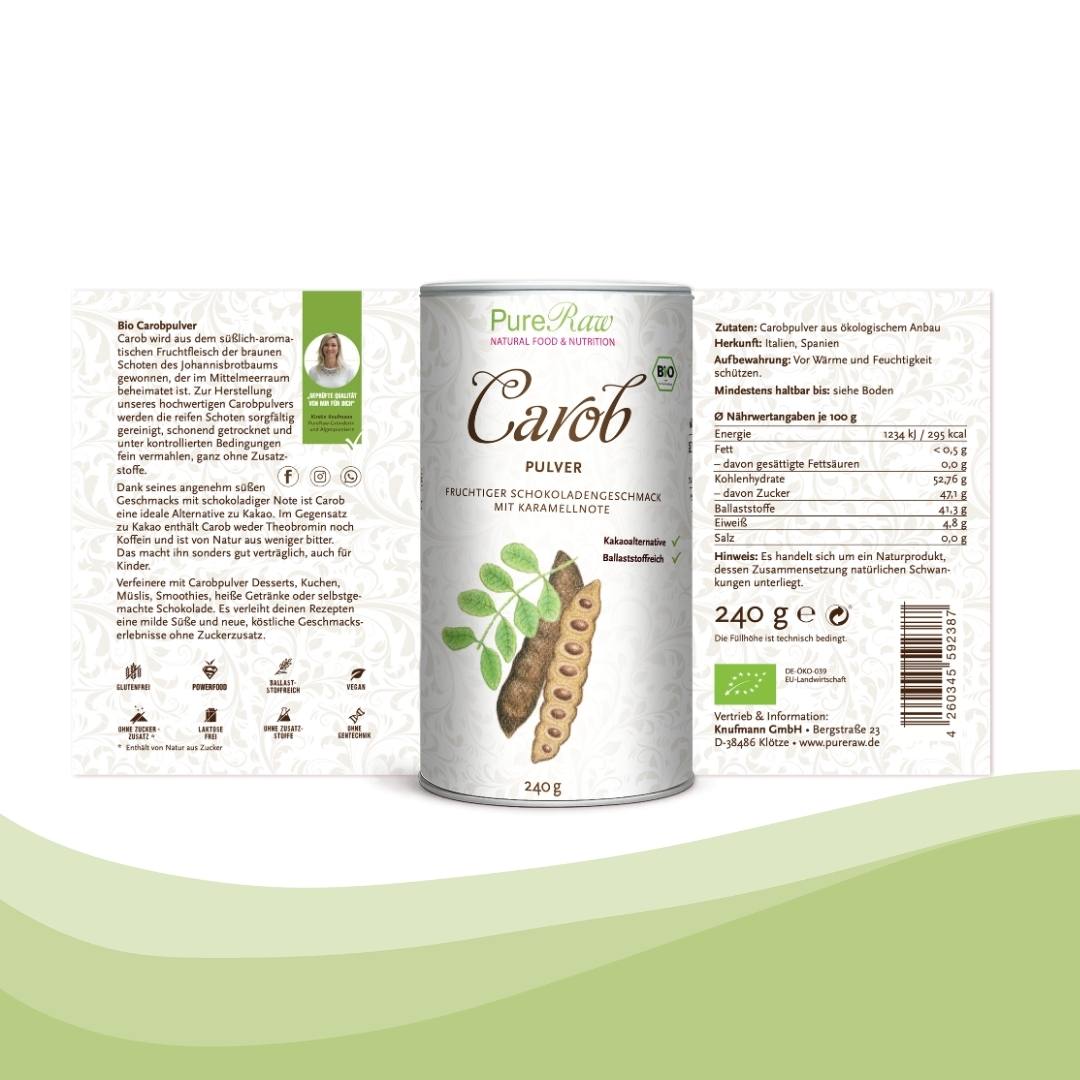 Produkt- und Nährwertangaben PureRaw Carob Pulver 