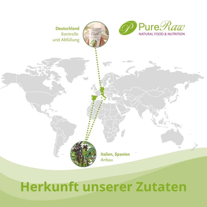 Infografik mit einer Weltkarte unter dem Titel „Herkunft unserer Zutaten“, die auf den Mittelmeerraum verweist.