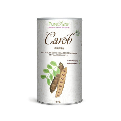 Weiße Dose mit der Aufschrift „PureRaw Carob Pulver“