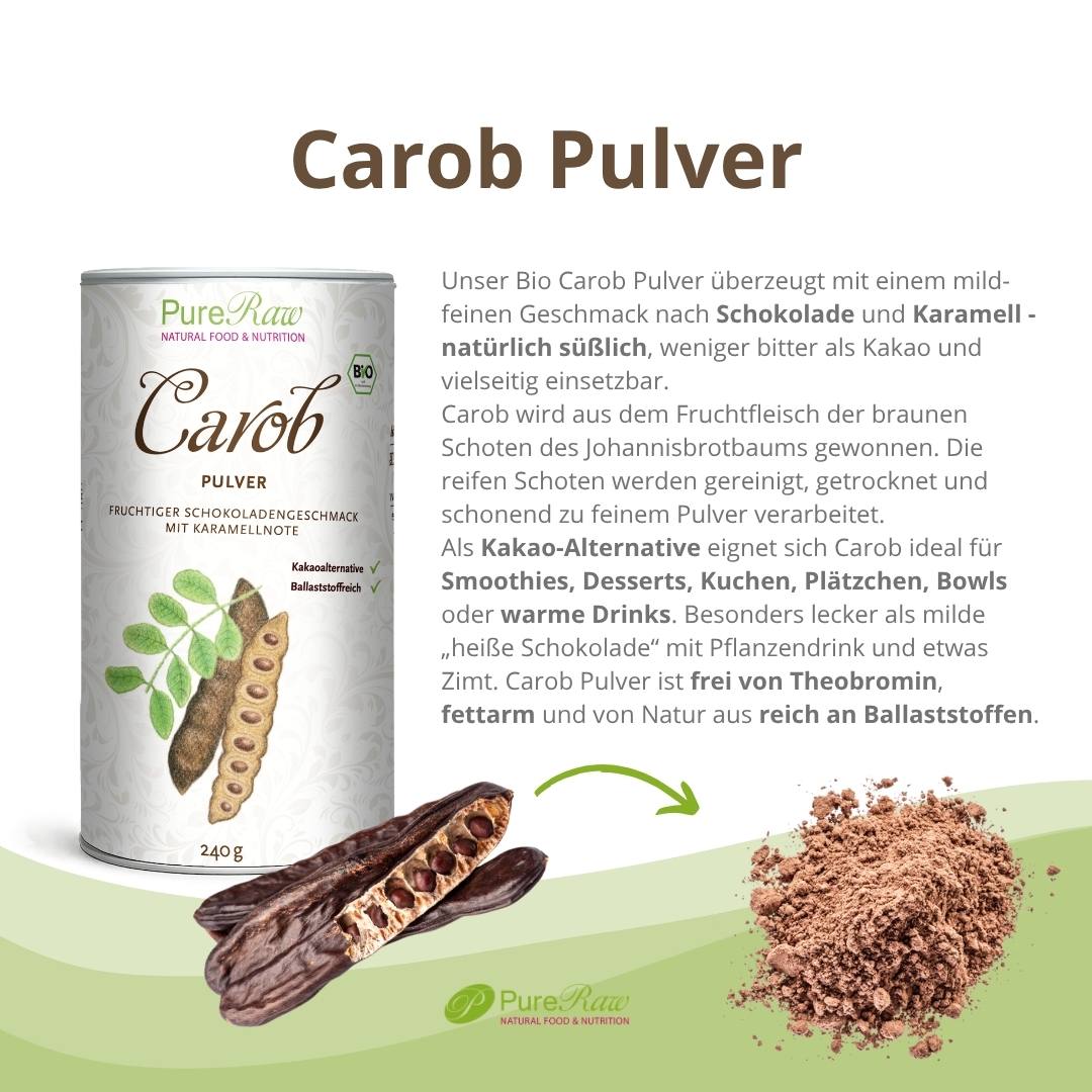 Infografik mit dem Titel „Carob Pulver“, einer abgebildeten Schote und beschreibendem Text zum Geschmack