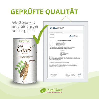 Geprüfte Qualität mit Untersuchungsbestätigung PureRaw Carob Pulver.