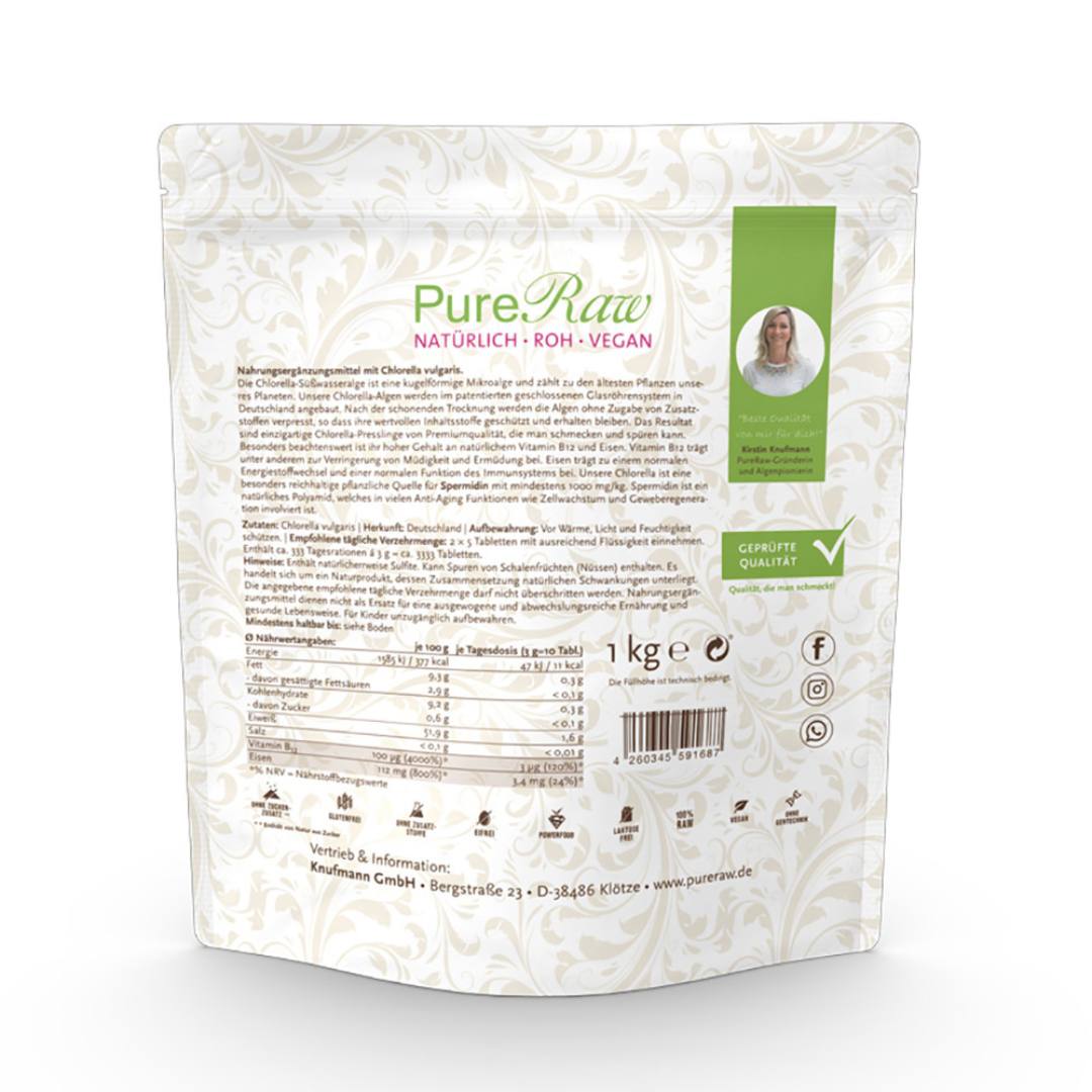 Rückseite der PureRaw Chlorella Presslinge Verpackung mit Produktangaben