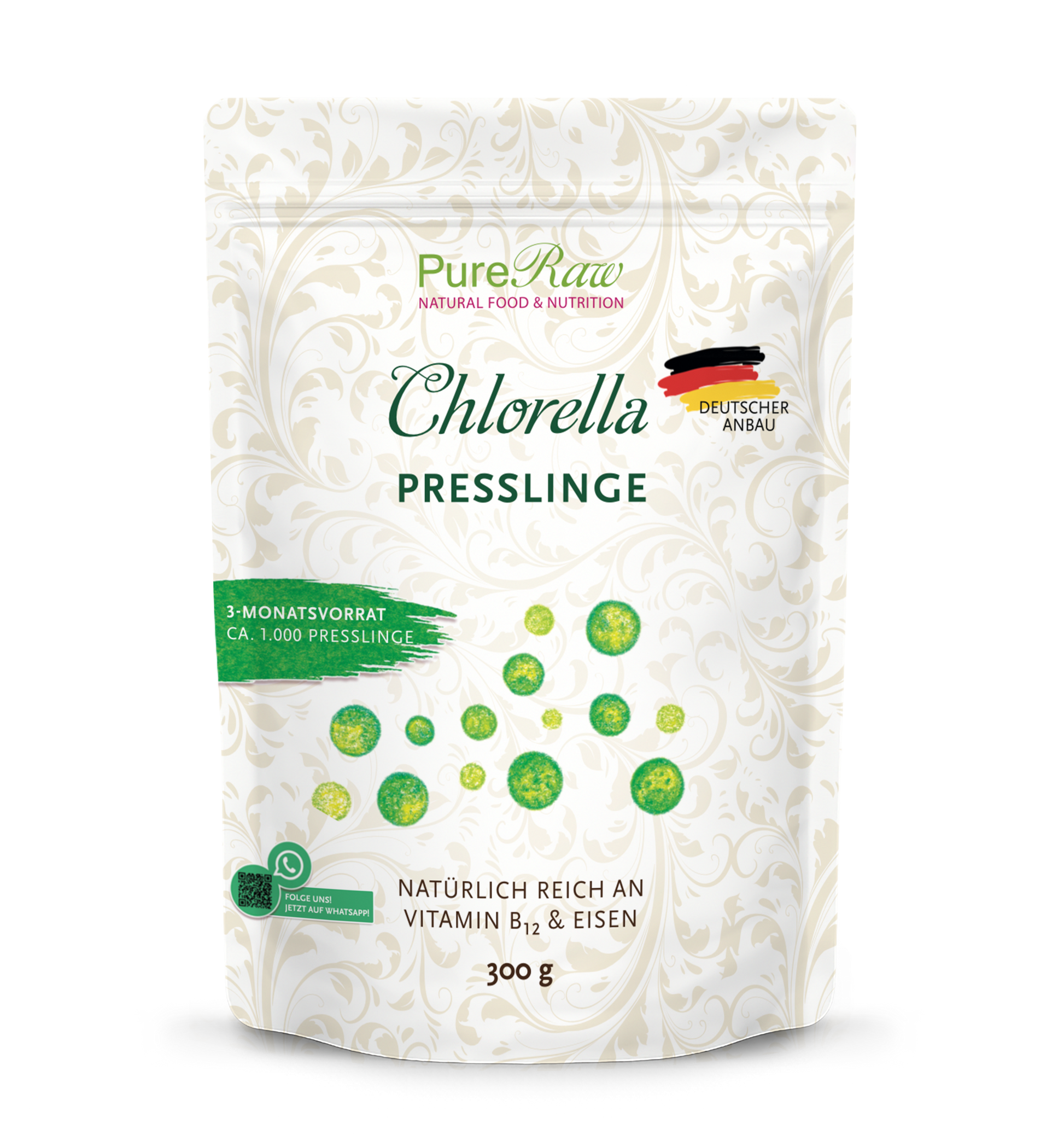PureRaw Chlorella Presslinge aus deutscher Algenkultivierung im 300-Gramm-Standbeutel