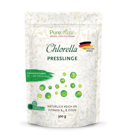 PureRaw Chlorella Presslinge aus deutscher Algenkultivierung im 300-Gramm-Standbeutel
