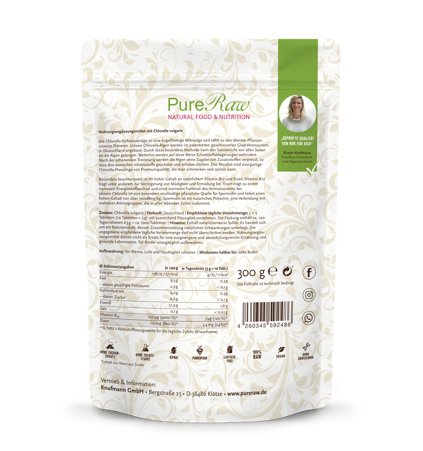 Rückseite des PureRaw Chlorella Presslinge Beutels mit Nährwerten und Produktinformationen