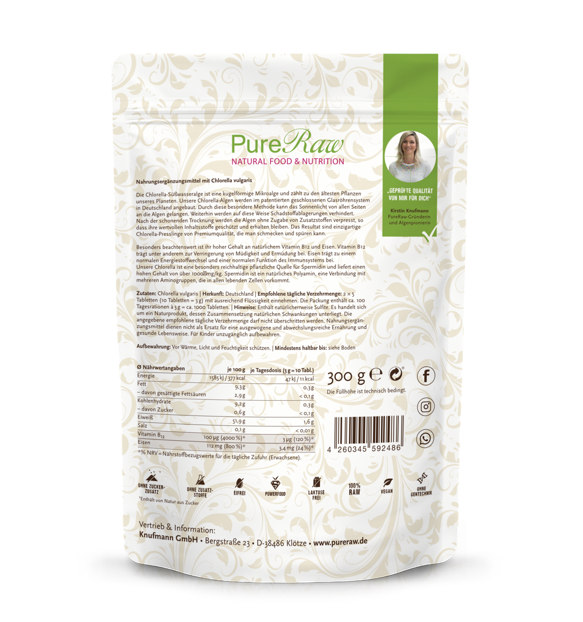 Rückseite des PureRaw Chlorella Presslinge Beutels mit Nährwerten und Produktinformationen