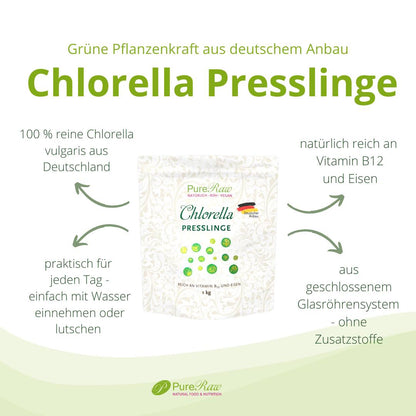 Infografik mit einem Standbeutel Chlorella Presslinge und dem Text „Chlorella Presslinge– Grüne Pflanzenkraft aus deutschem Anbau“